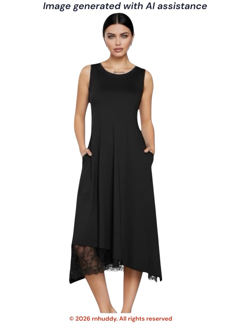 LOGO by Lori Goldstein M black asymmetrical lace hem tank midi dress